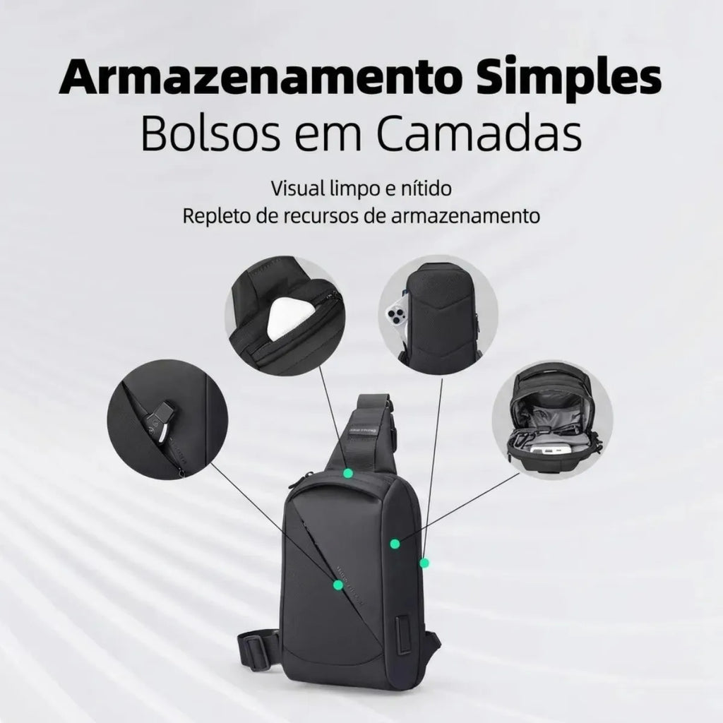 Pochete Transversal Mark Ryden ChargeSling MR127 USB RFID Preta