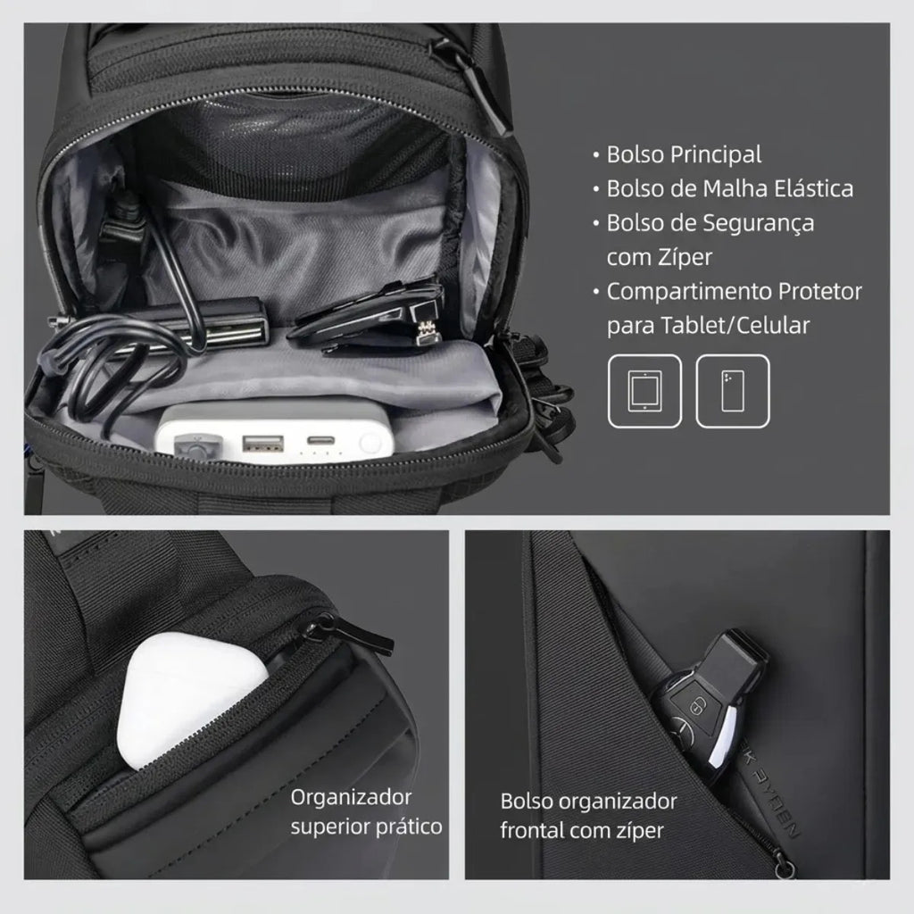 Pochete Transversal Mark Ryden ChargeSling MR127 USB RFID Preta