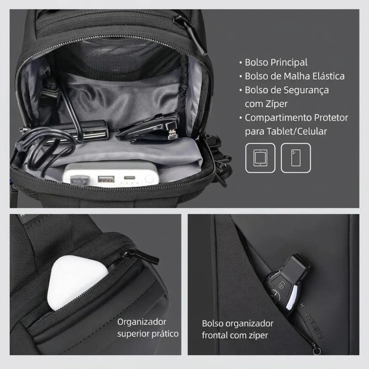 Pochete Transversal Mark Ryden ChargeSling MR127 USB RFID Preta