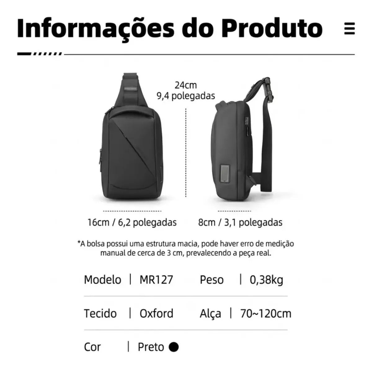 Pochete Transversal Mark Ryden ChargeSling MR127 USB RFID Preta