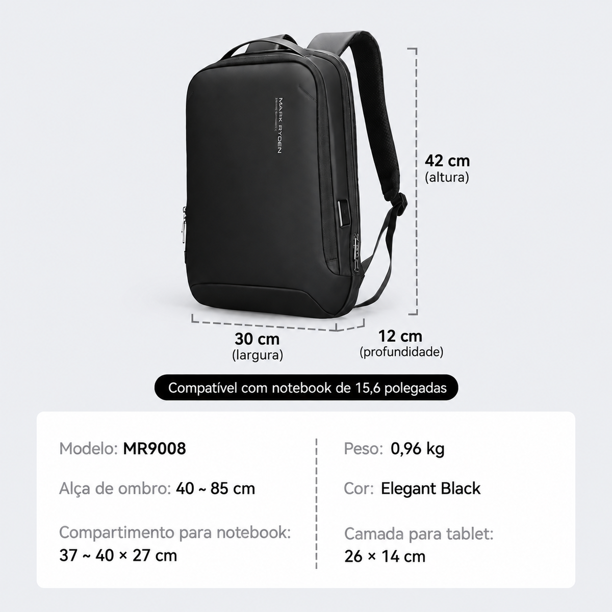 Mochila Mark Ryden Profession MR9008 15L Slim USB Notebook 15,6" Preta